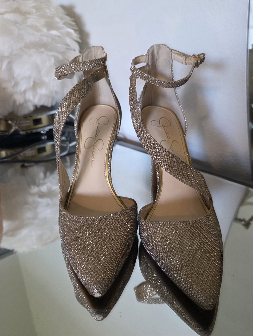 Jessica Simpson Champagne Glitter Pointed-Toe Ankle-Strap Heels